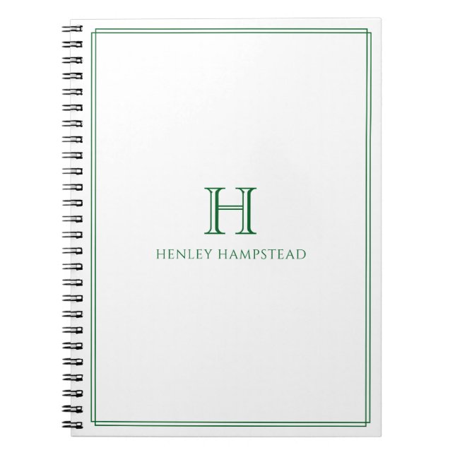Traditional Monogram & Name Forest Green Border Notebook (Front)