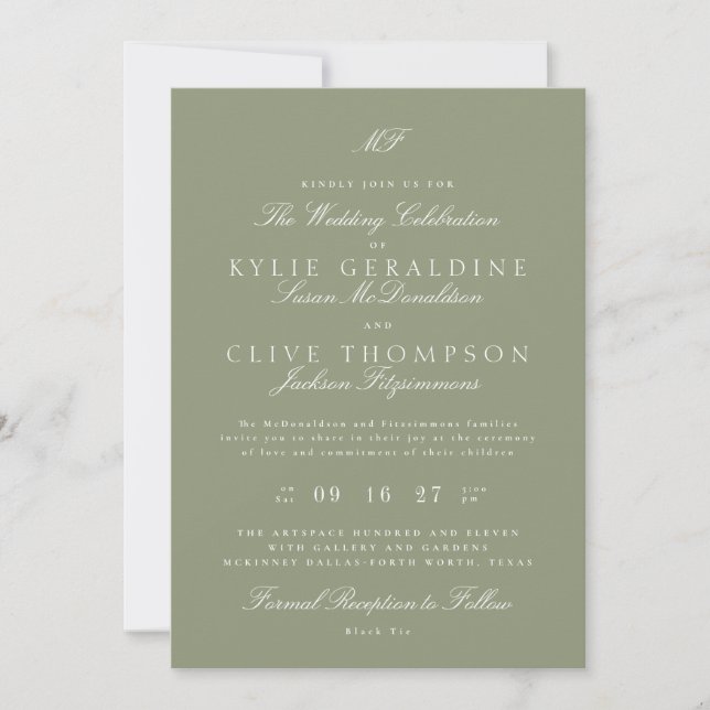 Traditional Monogram White Sage Green Wedding Invitation (Front)