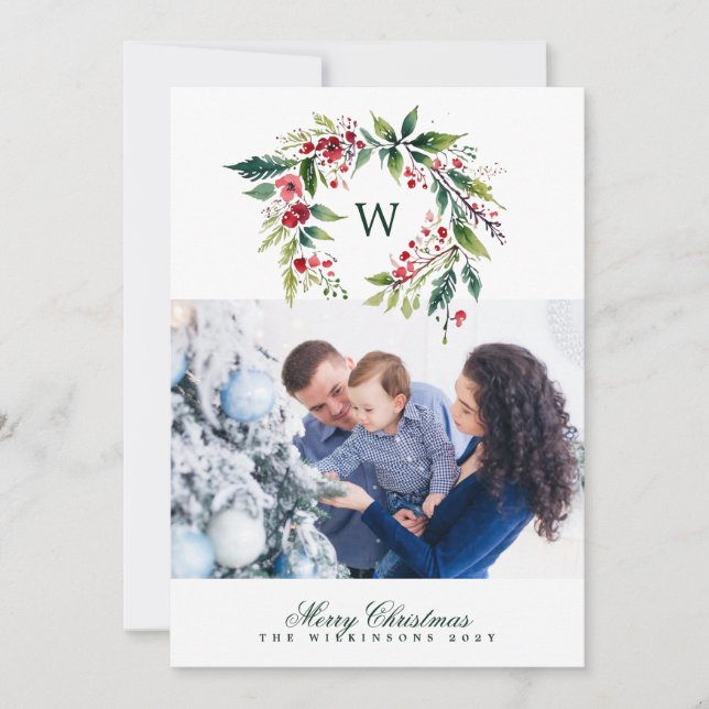 traditional monogram wreath one photo christmas holiday card (Front)