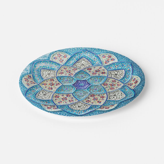 Traditional Moroccan turquoise Blue, white, salmon Paper Plate (Angled)