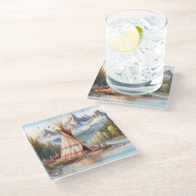 Traditional Native Indian Teepee Nature Scene Digi Glass Coaster (Angled)
