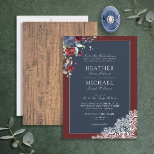 Traditional Navy Blue Burgundy Wood Script Wedding Invitation