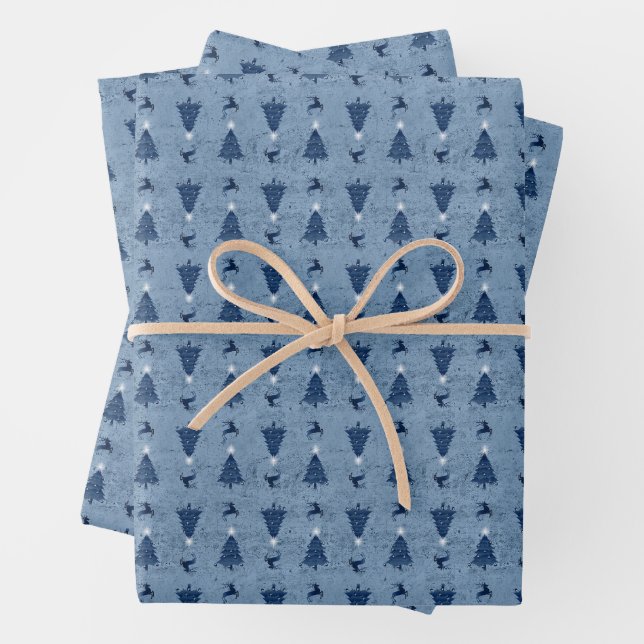 Traditional Navy Blue Christmas Trees & Reindeer Wrapping Paper Sheet (In situ)
