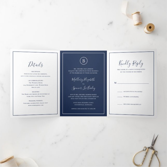 Traditional Navy Blue Elegant Wedding Tri-Fold Invitation (Inside)