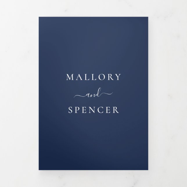 Traditional Navy Blue Elegant Wedding Tri-Fold Invitation (Cover)