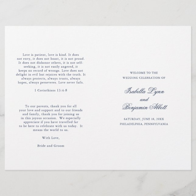 Traditional Navy Blue Formal Wedding Program (Front)