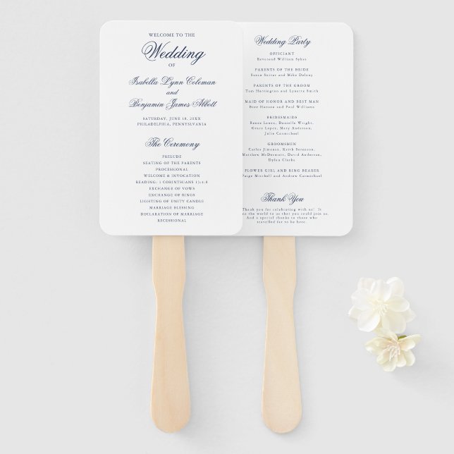 Traditional Navy Blue Formal Wedding Program Hand Fan (Front and Back)
