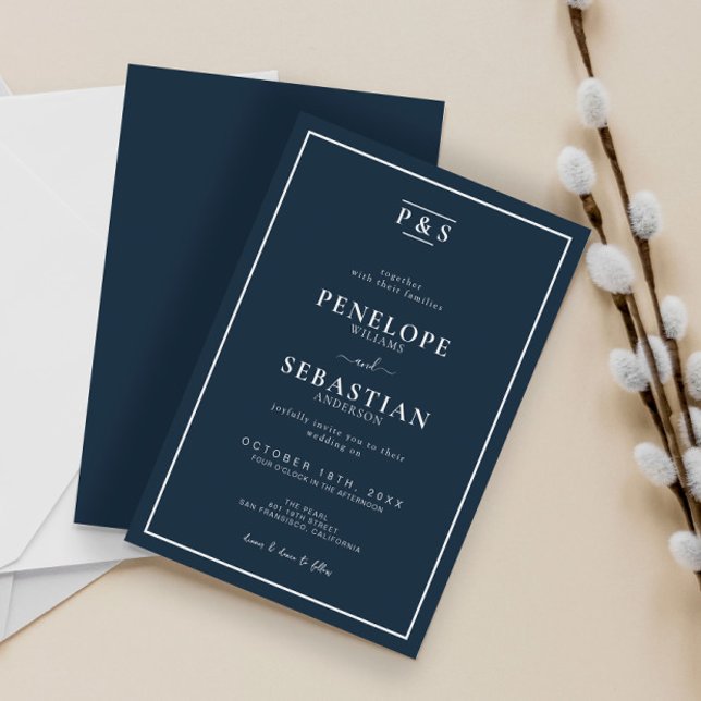 Traditional Navy Blue Minimalist Monogram Wedding  Invitation (Creator Uploaded)