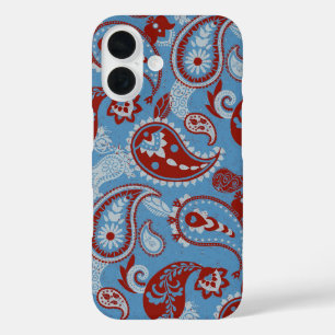 Traditional Paisley Linocut Red White Blue iPhone 16 Case