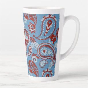 Traditional Paisley Linocut Red White Blue Latte Mug