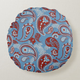 Traditional Paisley Linocut Red White Blue Round Cushion