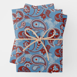 Traditional Paisley Linocut Red White Blue Wrapping Paper Sheet