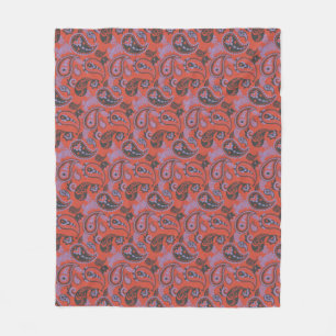 Traditional Paisley Linocut Vivid Orange Purple Fleece Blanket