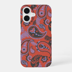 Traditional Paisley Linocut Vivid Orange Purple iPhone 16 Case