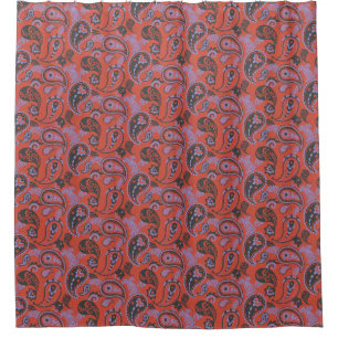 Traditional Paisley Linocut Vivid Orange Purple Shower Curtain
