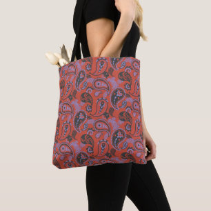 Traditional Paisley Linocut Vivid Orange Purple Tote Bag