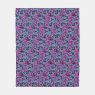 Traditional Paisley Linocut Vivid Pink Dusky Blue Fleece Blanket