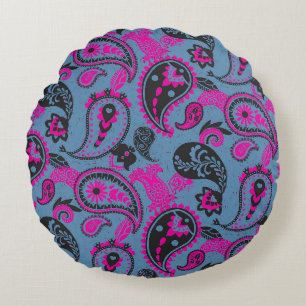 Traditional Paisley Linocut Vivid Pink Dusky Blue Round Cushion