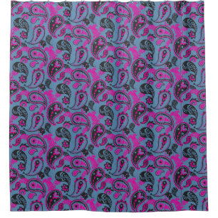 Traditional Paisley Linocut Vivid Pink Dusky Blue Shower Curtain
