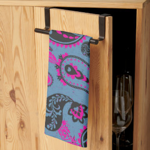 Traditional Paisley Linocut Vivid Pink Dusky Blue Tea Towel