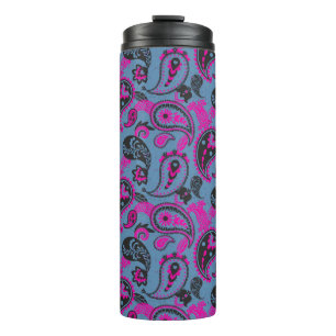 Traditional Paisley Linocut Vivid Pink Dusky Blue Thermal Tumbler