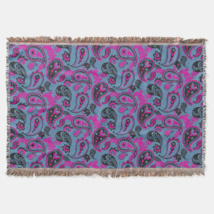 Traditional Paisley Linocut Vivid Pink Dusky Blue Throw Blanket