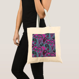 Traditional Paisley Linocut Vivid Pink Dusky Blue Tote Bag