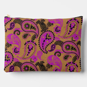 Traditional Paisley Linocut Vivid Pink Mustard Accessory Pouch