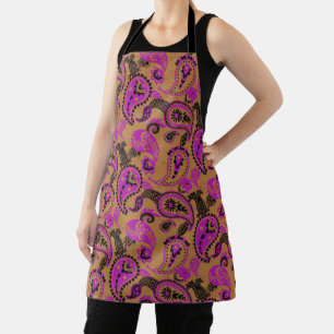 Traditional Paisley Linocut Vivid Pink Mustard Apron