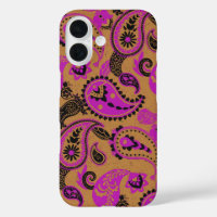 Traditional Paisley Linocut Vivid Pink Mustard