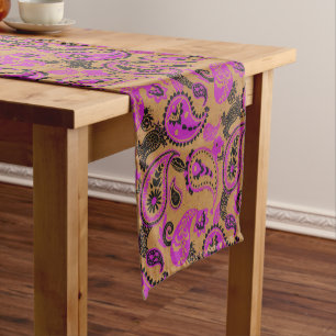 Traditional Paisley Linocut Vivid Pink Mustard Short Table Runner