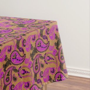 Traditional Paisley Linocut Vivid Pink Mustard Tablecloth