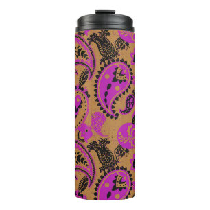 Traditional Paisley Linocut Vivid Pink Mustard Thermal Tumbler
