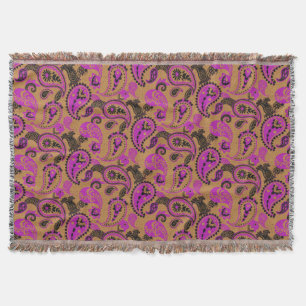 Traditional Paisley Linocut Vivid Pink Mustard Throw Blanket
