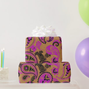 Traditional Paisley Linocut Vivid Pink Mustard Wrapping Paper