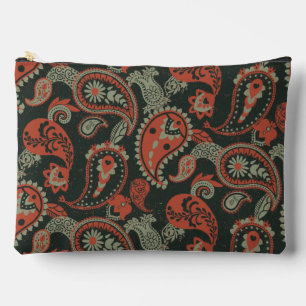 Traditional Paisley Linocut Warm Orange Mint Green Accessory Pouch