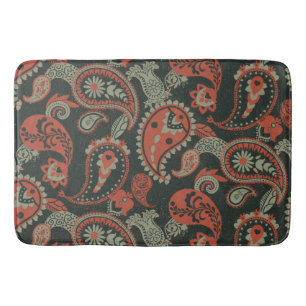Traditional Paisley Linocut Warm Orange Mint Green Bath Mat