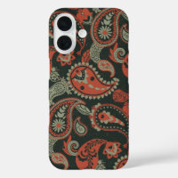 Traditional Paisley Linocut Warm Orange Mint Green
