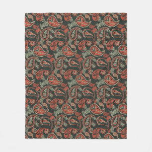 Traditional Paisley Linocut Warm Orange Mint Green Fleece Blanket
