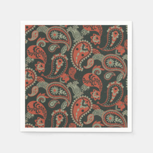 Traditional Paisley Linocut Warm Orange Mint Green Napkin