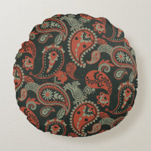 Traditional Paisley Linocut Warm Orange Mint Green Round Cushion