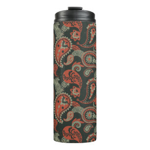 Traditional Paisley Linocut Warm Orange Mint Green Thermal Tumbler