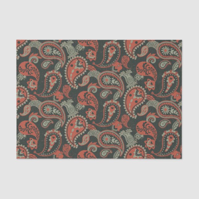 Traditional Paisley Linocut Warm Orange Mint Green Tissue Paper (Front)