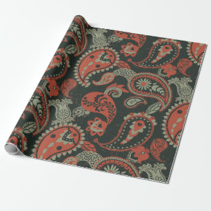 Traditional Paisley Linocut Warm Orange Mint Green Wrapping Paper