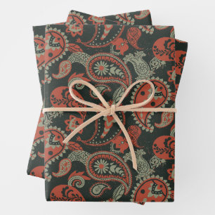 Traditional Paisley Linocut Warm Orange Mint Green Wrapping Paper Sheet