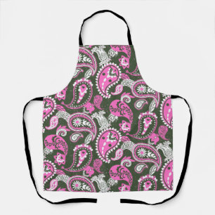 Traditional Paisley Linocut Warm Pink Deep Green Apron