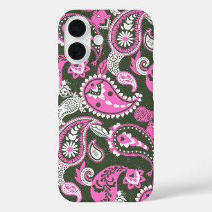 Traditional Paisley Linocut Warm Pink Deep Green iPhone 16 Case