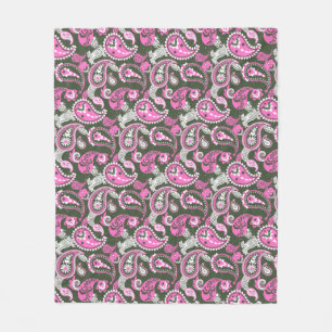 Traditional Paisley Linocut Warm Pink Deep Green Fleece Blanket