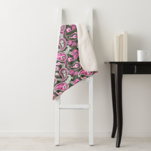 Traditional Paisley Linocut Warm Pink Deep Green Sherpa Blanket