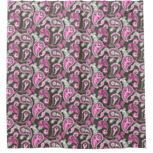 Traditional Paisley Linocut Warm Pink Deep Green Shower Curtain